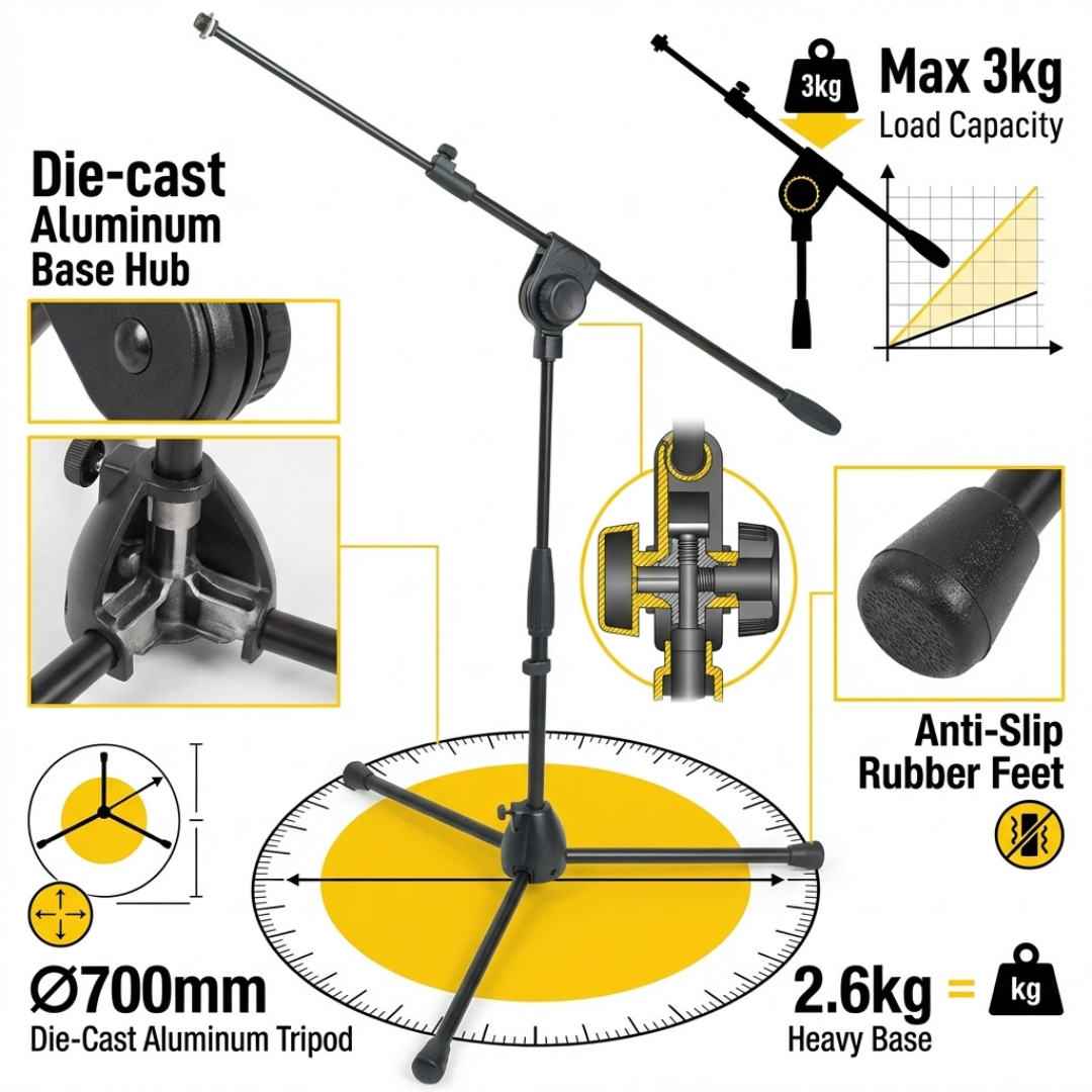PROEL PRO281BK Microphone Stand – Professional Low Profile Boom Stand