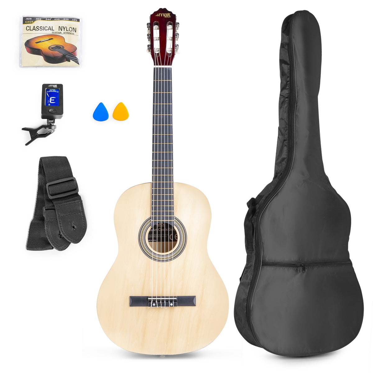 SoloArt Classic Guitar Pack Natural All-In-One Box Contents