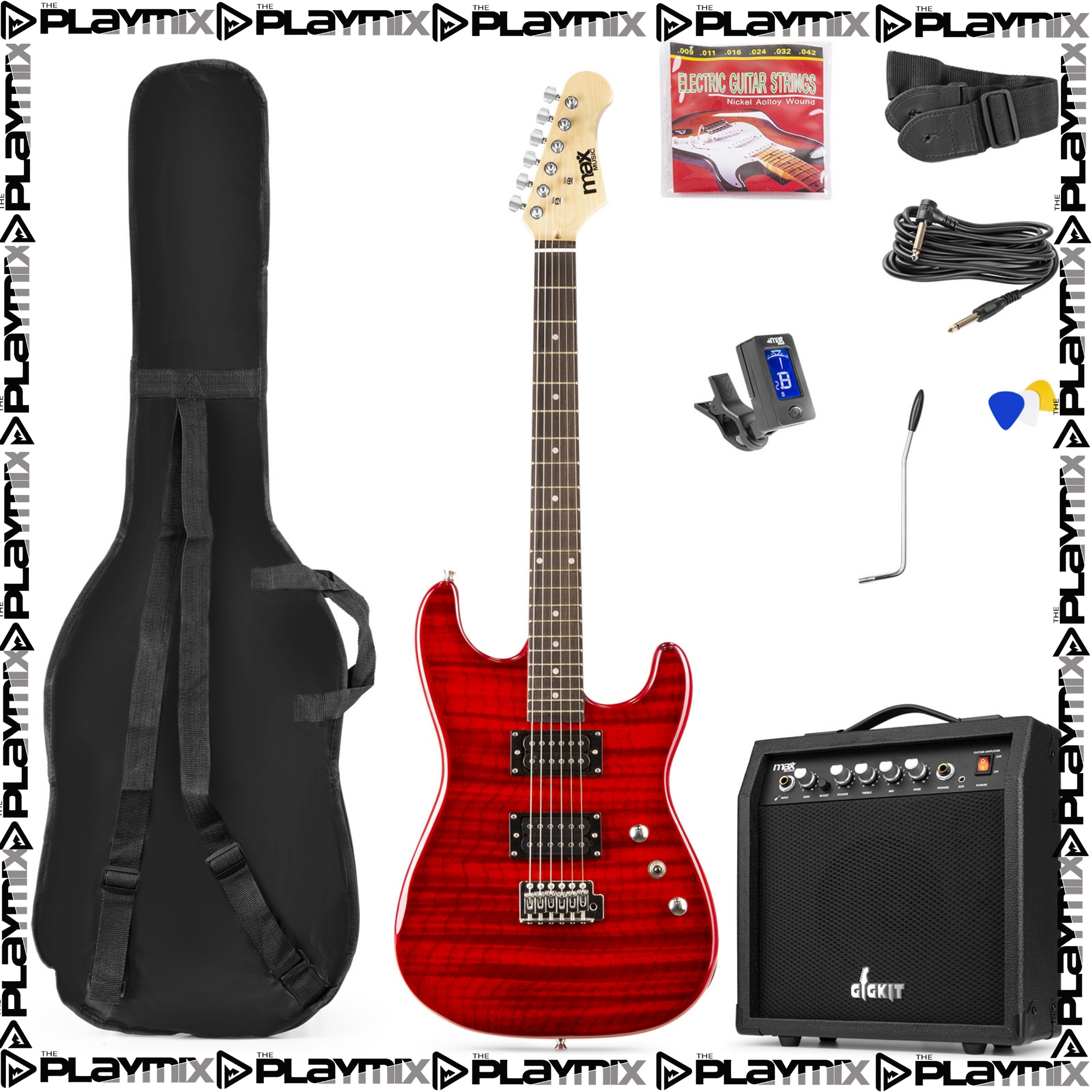 MAX GigKit Electric Guitar Kit Quilted Dark Red – with 40W Amp, Gig Bag & Accessories