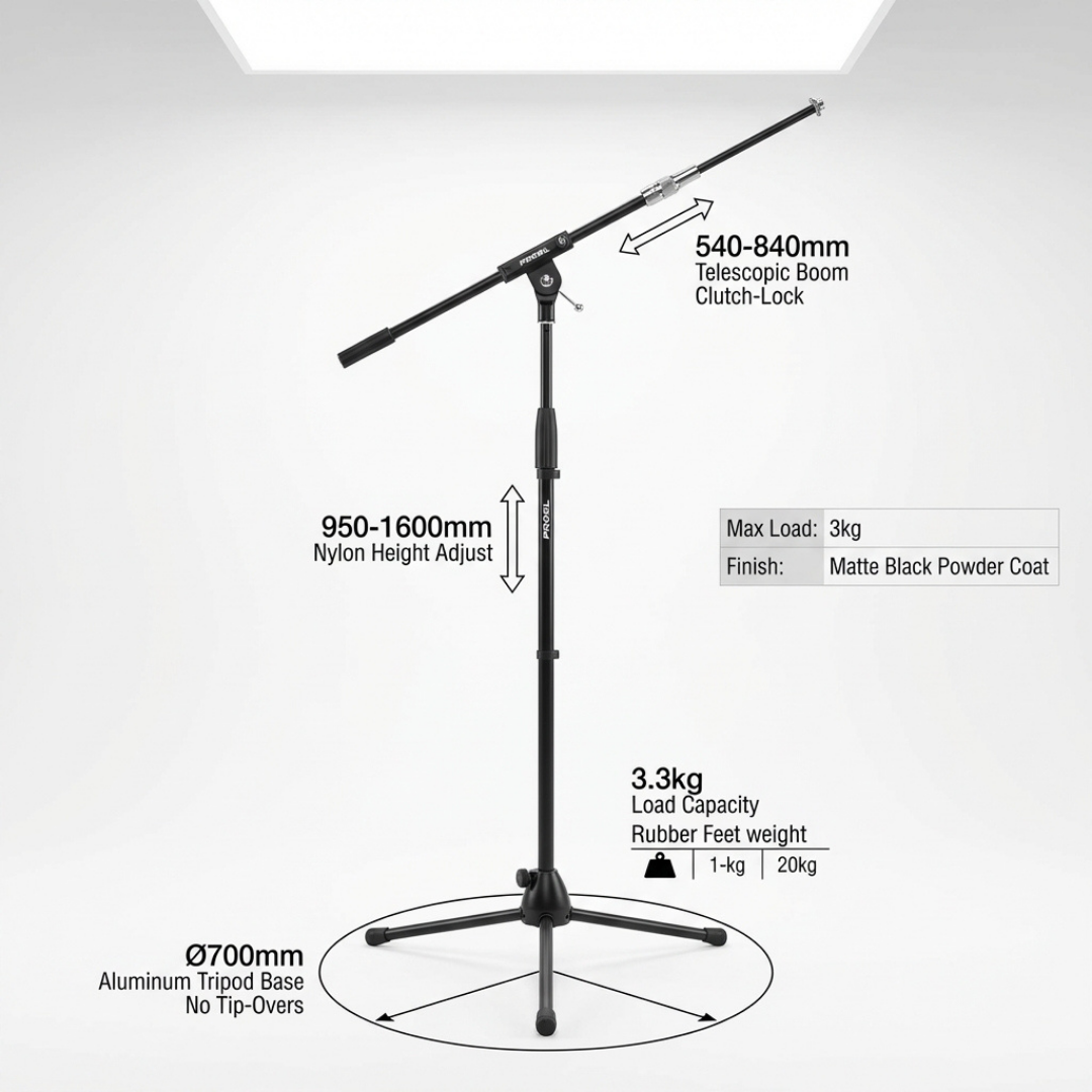 Proel PRO200BK Microphone Stand – Professional Tripod Boom Stand Heavy Duty