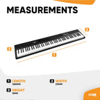 Digital piano with measurements labeled on a white background