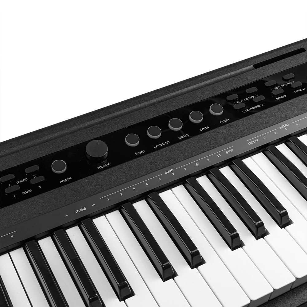 Digital piano with black and white keys on a white background