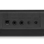 Back panel of a black electronic device with multiple ports on a white background