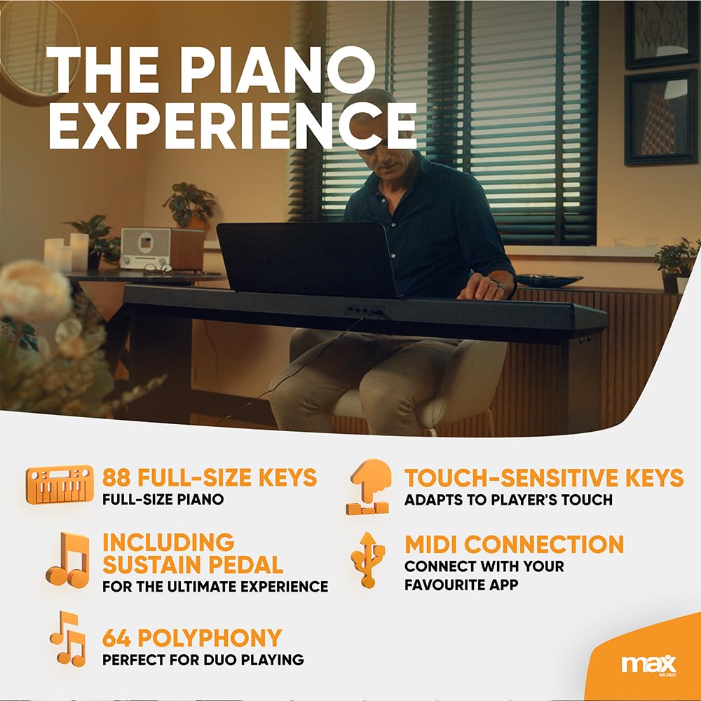 Person using a digital piano with promotional text about its features.