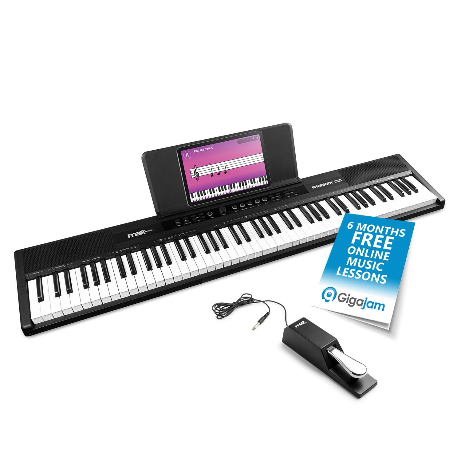 Digital piano with tablet displaying music software, foot pedal, and Gigajam promotional card on a white background