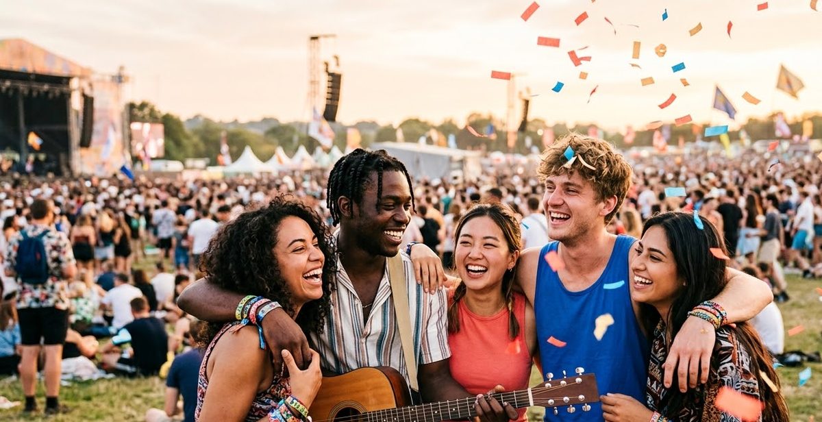 Friends and musicians wearing festival wristbands